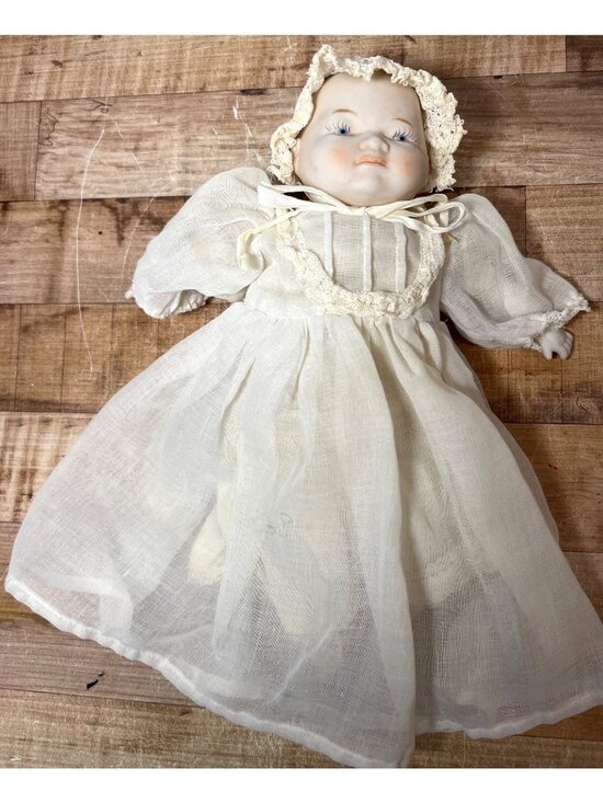 None Other - Vintage Baby Doll With Porcelain Head Hands & Feet In White Lace Dress